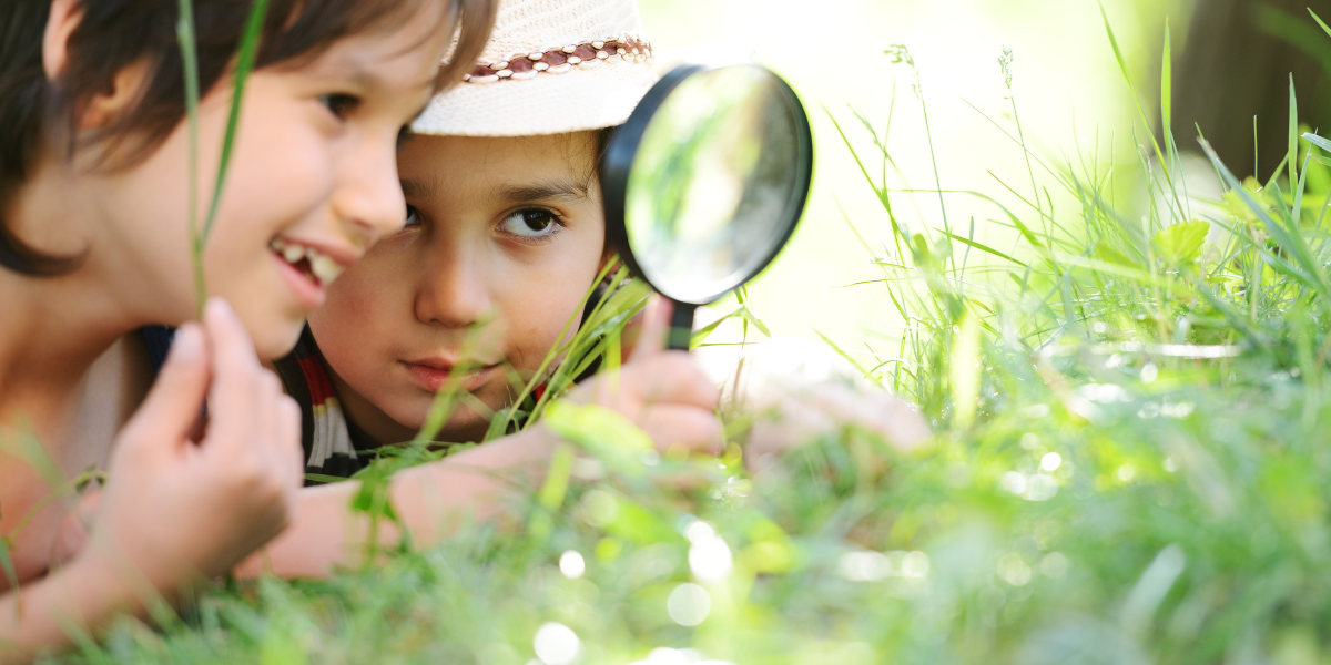 Two female children using a magnifying glass to study a plant