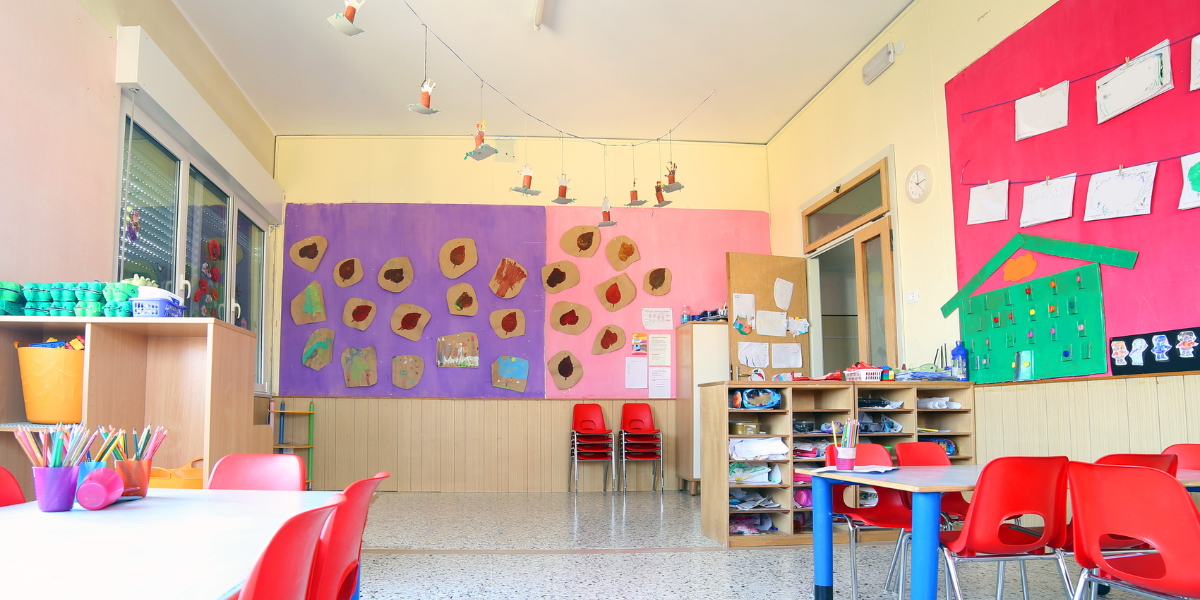 Preschool classroom decorated with pastel colors for Spring
